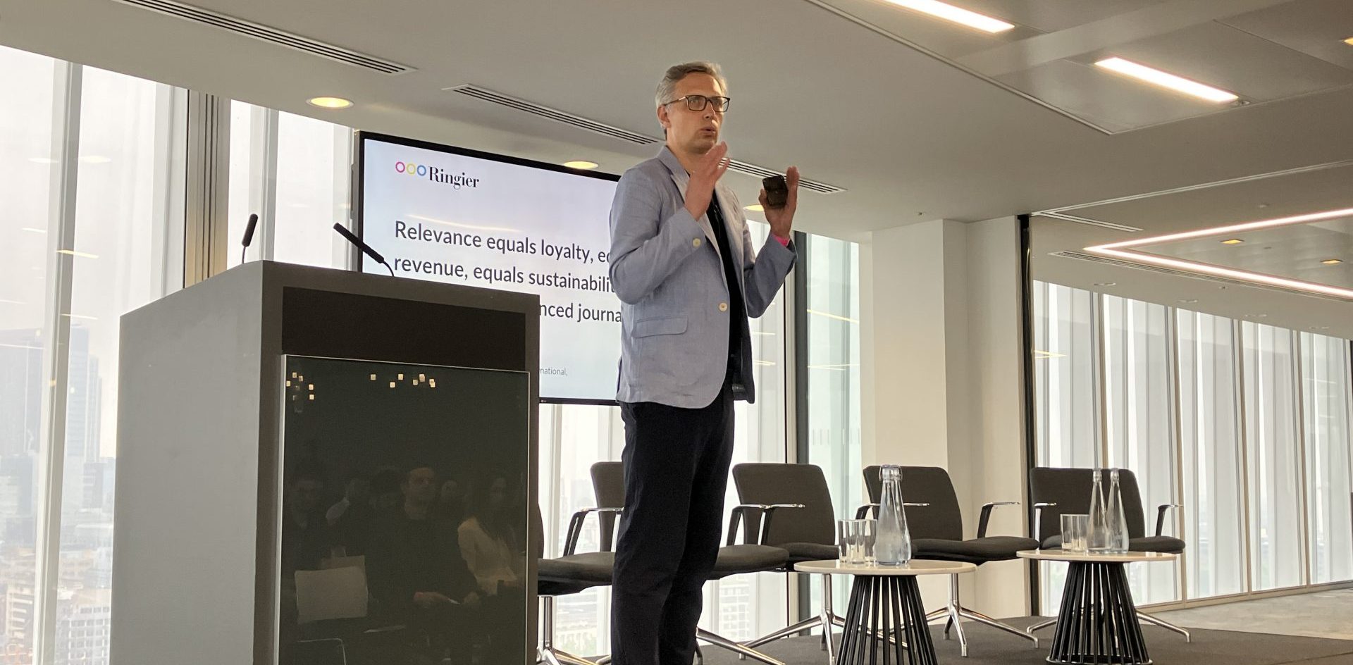 Ringier International CEO Dmitry Shiskin talks to the News Rewired conference in London in May 2024. Photo by Kevin Anderson