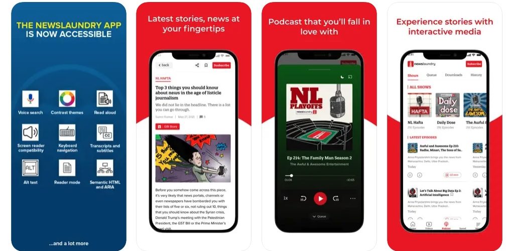 The Newslaundry app highlighting its accessibility, podcast and interactive media features. Screenshot from Apple App Store.