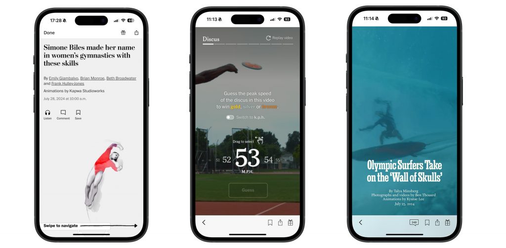 Interactive app features from the Washington Post (left) and two from the New York Times (centre and right) for the Paris 2024 Olympics.