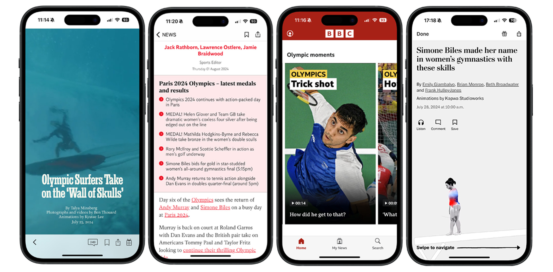 Paris 2024 Olympics app features from the New York Times, The Independent, the BBC and the Washington Post (left to right). Screengrabs