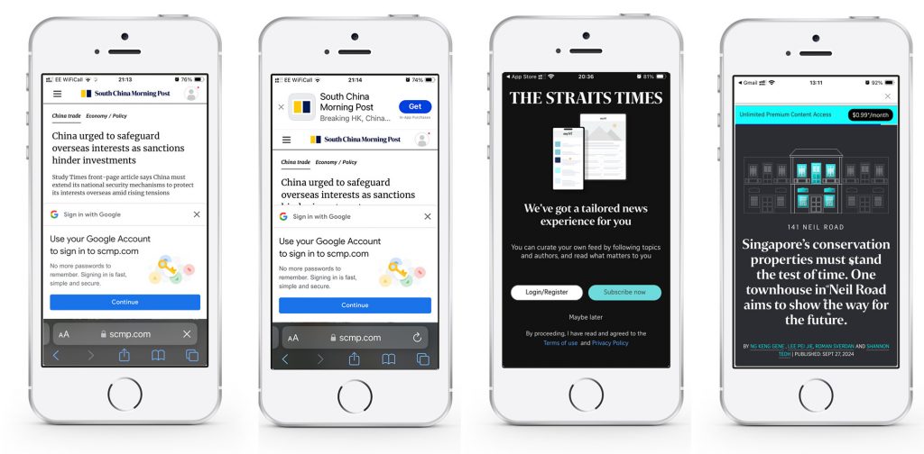 Examples from the South China Morning Post and the Straits Times in Singapore about how to use smart banners and onboarding screens to encourage deeper engagement with mobile audiences. 