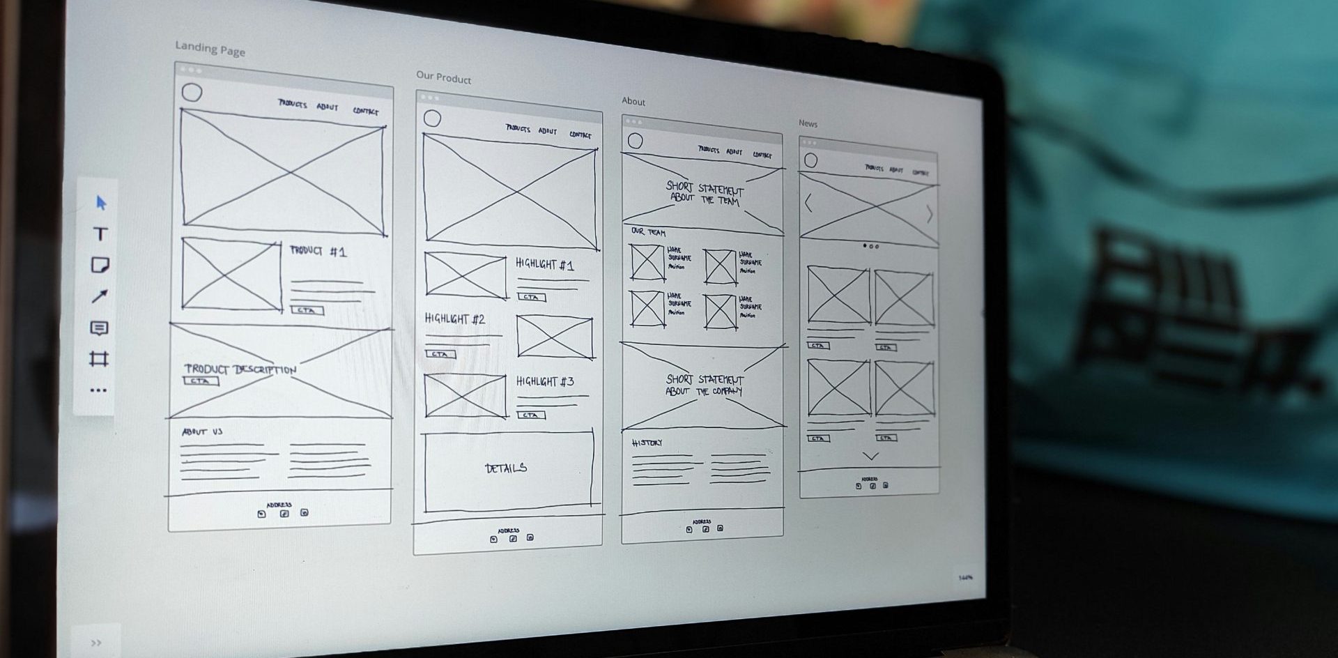 A website wireframe on a computer screen. Tags and categories help organise a website, help users find what they need and can support SEO. Photo by Amper on Unsplash.