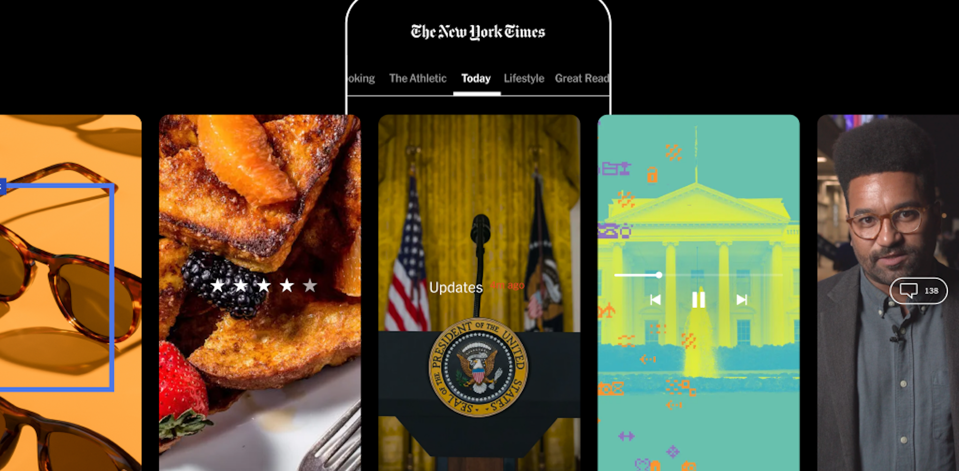 Images from the 2024 New York Times app redesign which added a top navigation ribbon that highlighted both news and its standalone products such as puzzles and cooking. Source: The New York Times