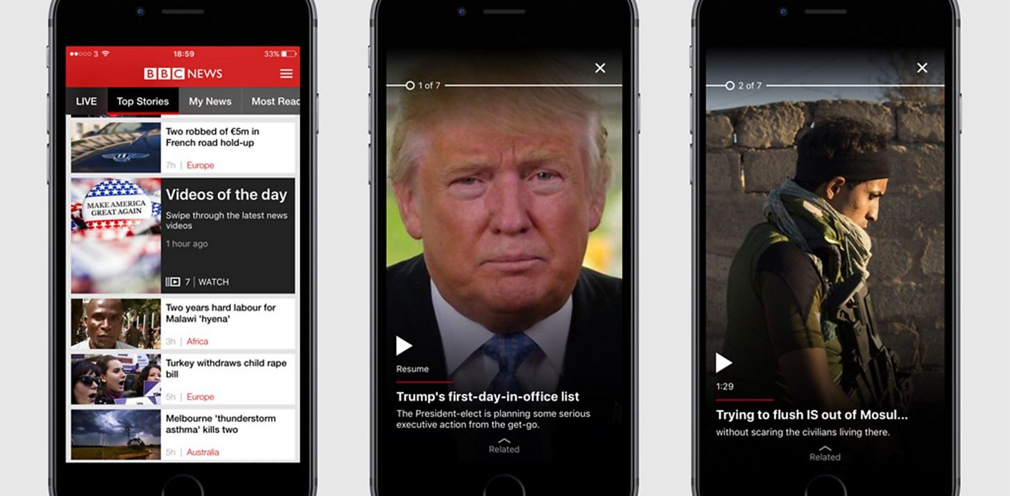 Screen shots of vertical video in the BBC News app. Publishers are pivoting to video, vertical video, to keep up with changing audience habits. Image BBC