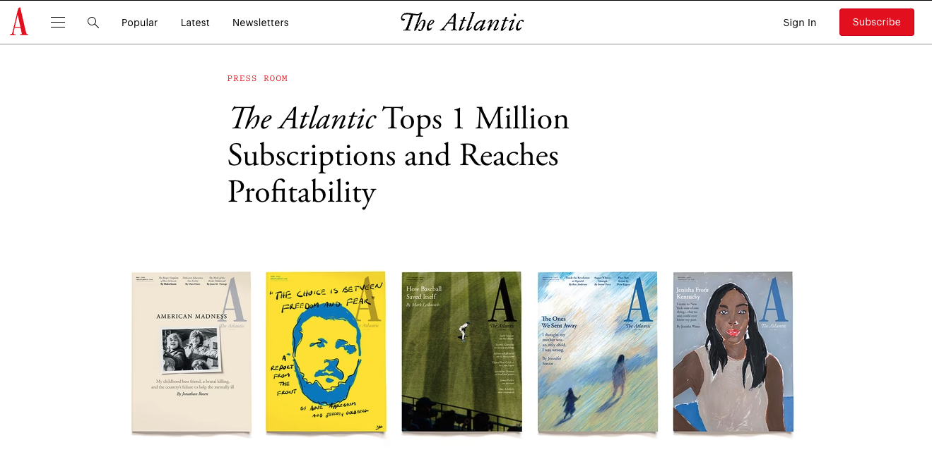 A screengrab from The Atlantic website as it announces that it has 1 million subscribers and has achieved profitability. Source The Atlantic